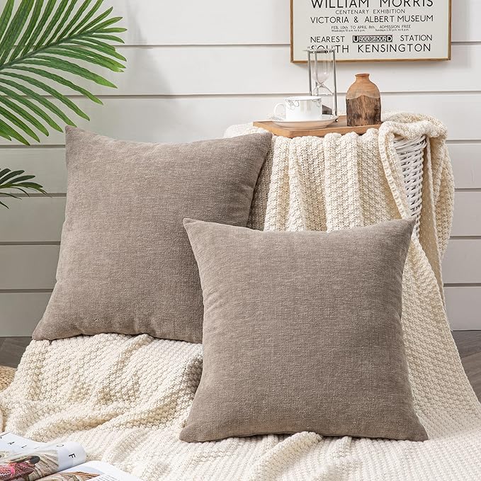 GAWAMAY Decorative Chenille Throw Pillow Covers 26x26 Inch Pack of 2, Soft Square Couch Pillow Cover for Sofa Cushion Living Room Bedroom Oversized Pillowcases Taupe Grey 66x66cm (ONLY Covers)