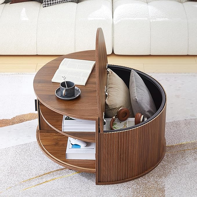 Round Coffee Table, Fluted Coffee Tables with Sliding Doors, Modern Circle Accent Center Table with Storage for Living Room, Apartment, Home Office (Walnut)