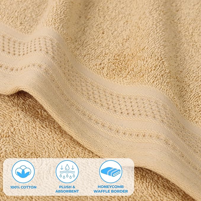 Superior Honeycomb Cotton Medium Weight Towels, for Guest Bath, Master Bathroom, Shower, Quick Dry, Adults, Home Essentials, Textured Waffle Border, Assorted Towel Set, 12 Piece Face Towel Set, Gold