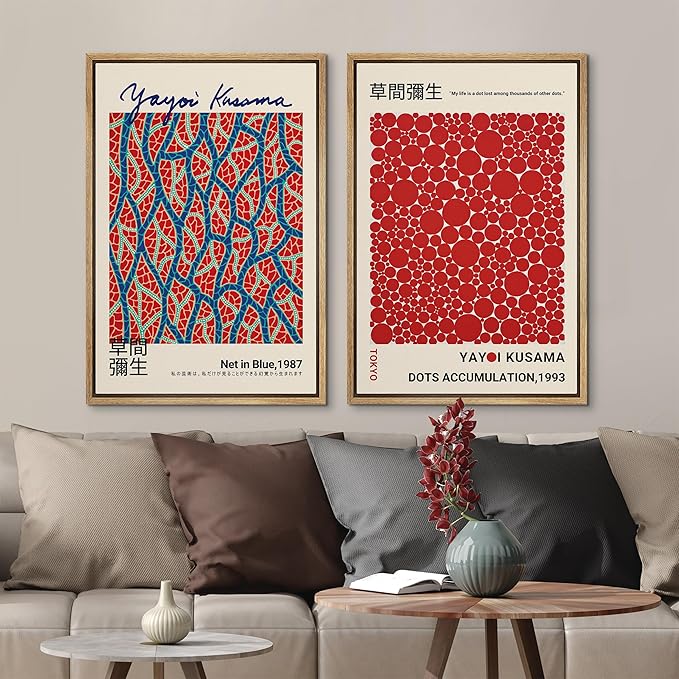 MUDECOR Framed Canvas Print Wall Art Blue Red Dots by Yayoi Kusama Japanese Nature Illustration Modern Art Decorative Multicolor Geometric Minimal for Bedroom - 24"x36"x2 Natural