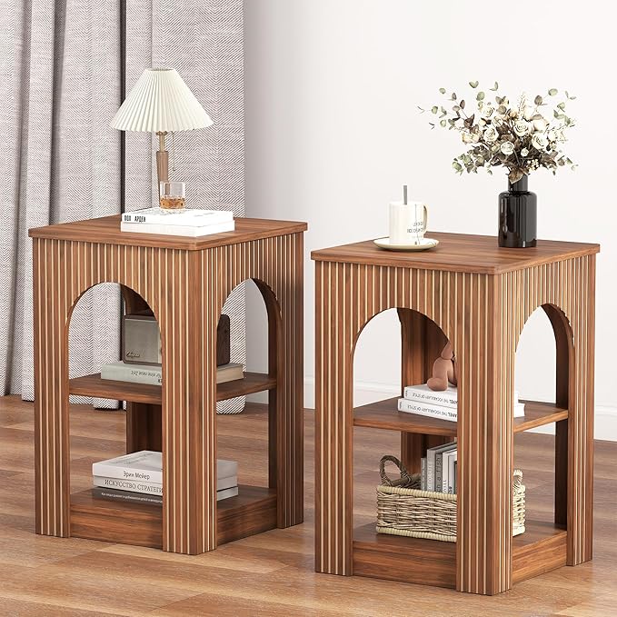 End Table Set of 2, Mid-Century Modern Side Table with 3-Tier Storage Shelves and Arched Carving Lines, Square Fluted Nightstand for Living Room, Bedroom, or Office (2, Walnut)