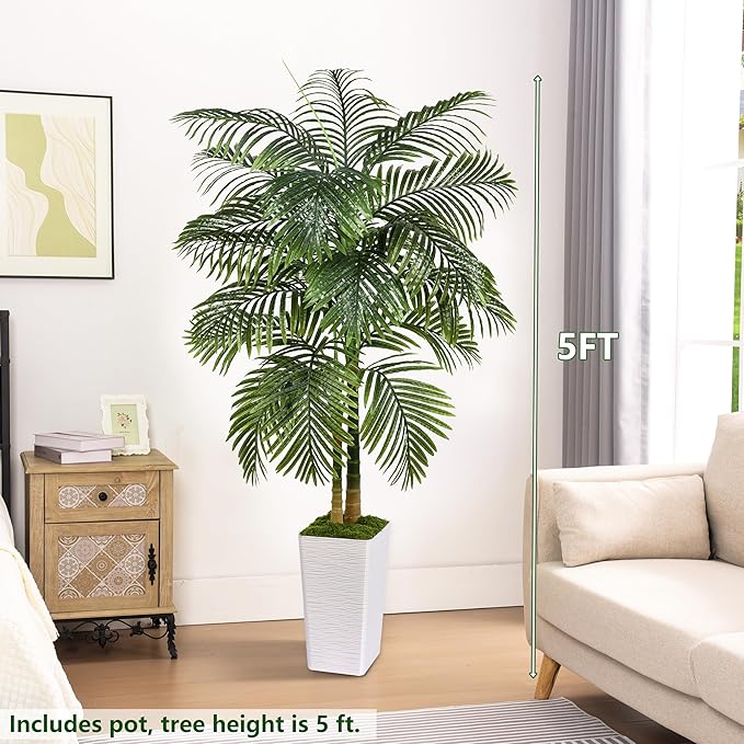 Artificial Palm Tree Indoor Plant Tall Fake Tropical Palm Tree in Pot with Real Bark Design Faux Areca Palm Tree for Home Office Living Room Bedroom Farmhouse Modern Outdoor Decor (13 Leaves 5 FT)