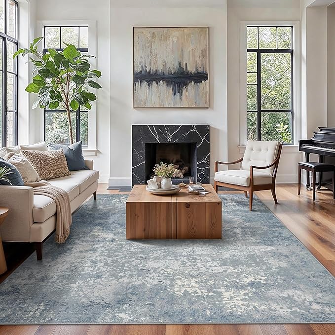 GENIMO 8x10 Washable Area Rugs for Living Room Bedroom, Modern Abstract Low Pile Soft Non Slip Rug, Contemporary Indoor Floor Carpet Cover for Dining Room Kitchen, Haze Blue