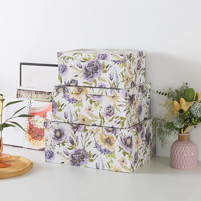 Soul & Lane Decorative Cardboard Storage Boxes with Lids for Home Decor and Organization, Set of 3 Large Keepsake Boxes for Memories & Gifts, Nesting Floral Photo Storage Containers, Purple Passion