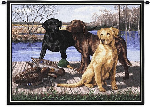 The Board Meeting - Labrador Retriever Lab Dogs Waiting on Dock with Ducks - Cotton Woven Tapestry Wall Art Hanging - USA (34x26)