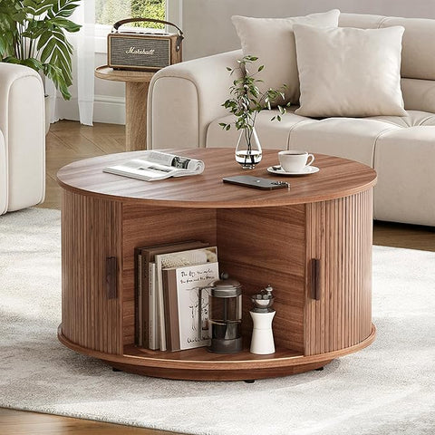 Round Coffee Table with Storage,31.5" Drum Coffee Table with Sliding Tambour Door,Mid Century Modern Coffee Table with Sliding Cabinet Door for Living Room Walnut Brown