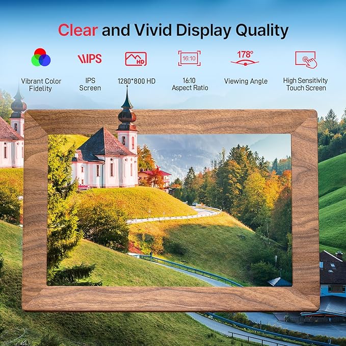 Frameo 10.1" Digital Picture Frame, Smart WiFi Digital Photo Frame with 1280x800 HD IPS Touch Screen 32GB Memory Auto-Rotate Wall Mounted, Share Photos/Videos from Phone Anywhere(Brown Wood)