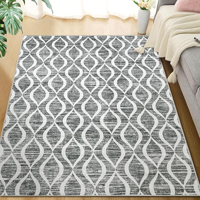 WITSHOCK Rugs for Living Room 5x7: Washable Non-Slip Soft Geometric Foldable Low Pile Large Boho Indoor Rug for Bedroom Dining Room, Carpet for Nursery Playroom Decor, Kid & Pet Friendly, Dark Grey
