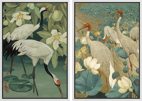 MUDECOR Framed Canvas Print Wall Art Elegant Cranes Among Lotus Flowers Nature Illustrations Modern Art Decorative Multicolor Minimalism for Bedroom - 24"x36"x2 White