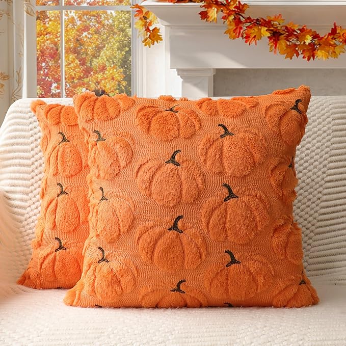 4TH Emotion Fall Pumpkins Decorative Pillow Covers 18x18 Set of 2, Orange Soft Plush Faux Fur Wool Farmhouse Throw Cushion Cases for Autumn Thanksgiving Holiday Home Decorations