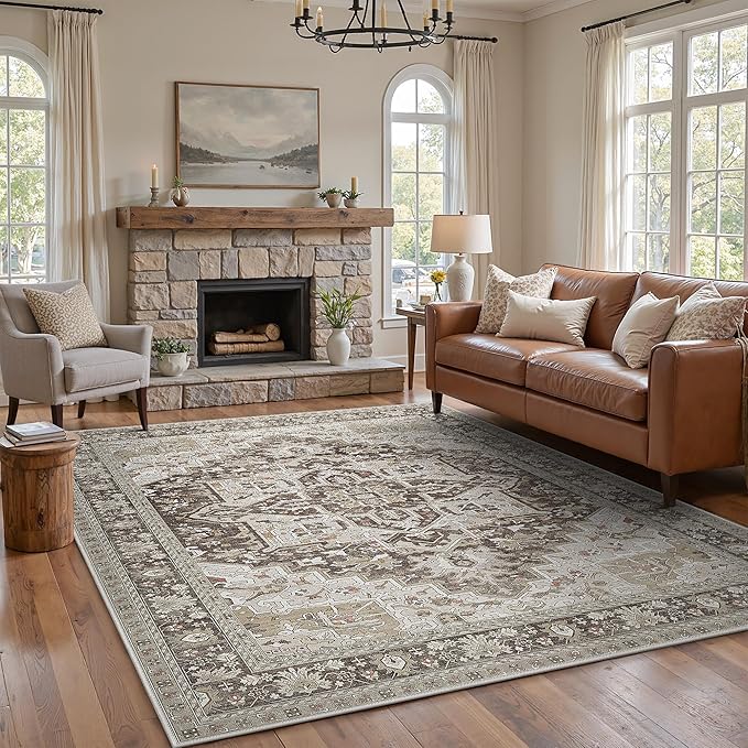 GENIMO 8X10 Area Rugs for Living Room, Machine Washable Vintage Floor Cover Foldable Modern Non Slip Rug, Low Pile Soft Indoor Carpet Floral Print Mat Rug,Bedroom/Dining Room/Home Office,Taupe