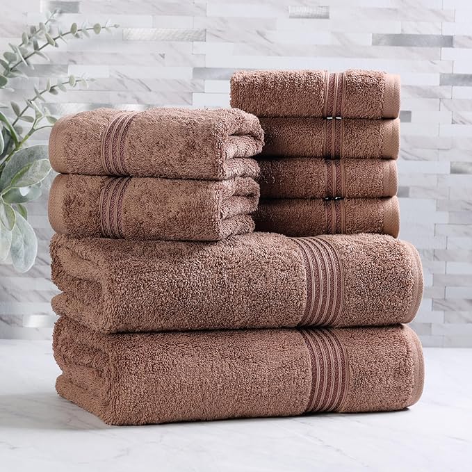 Superior Egyptian Cotton 8-Piece Towel Set, Assorted Towels for Home Bathroom, Guest Bath Decor Essentials, Includes 2 Bath, 4 Hand, 2 Face Towels/Washcloths, Quick Dry, Absorbent, Mocha