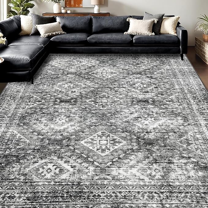 MIULEE 9x12 Vintage Washable Area Rugs Living Room Rug Low Pile Boho Farmhouse Floor Mat for Bedroom Dining Room Under Kitchen Table, Non-Slip Stain Resistant Soft Large Carpet for Home Decor, Black