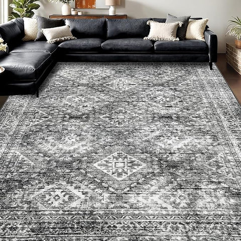 MIULEE 9x12 Vintage Washable Area Rugs Living Room Rug Low Pile Boho Farmhouse Floor Mat for Bedroom Dining Room Under Kitchen Table, Non-Slip Stain Resistant Soft Large Carpet for Home Decor, Black