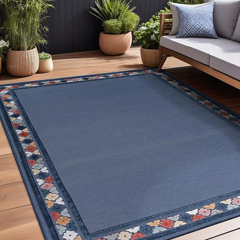 Beverly Rug Outdoor Rug 5x7 Modern Bordered Area Rugs for Indoor and Outdoor Patio Easy to Clean Non Shedding Living Room Porch Garden Washable Outside Carpet (5 x 7 Blue)