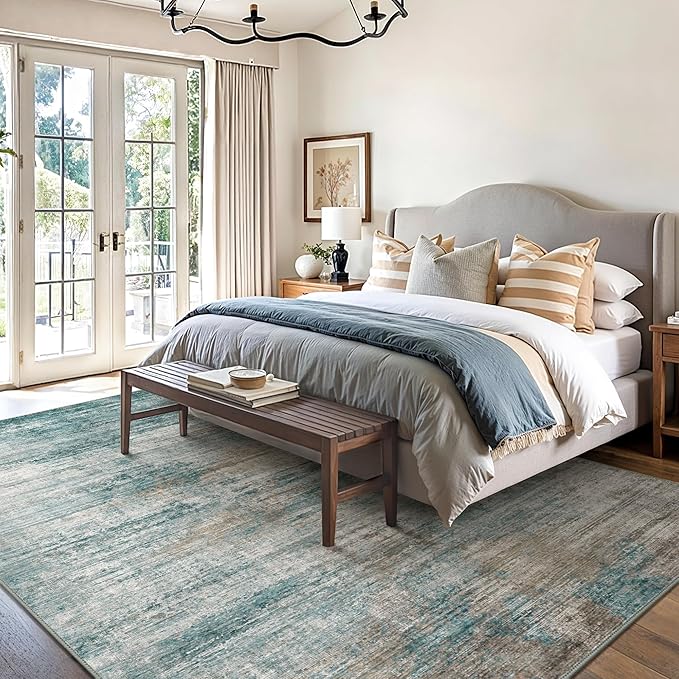 GENIMO Washable Area Rugs for Living Room Bedroom, 5X7 Modern Abstract Non Slip Rug, Low Pile Soft Contemporary Indoor Floor Carpet Cover for Dinning Room Kitchen, Teal/Grey