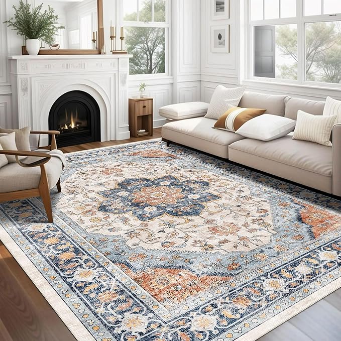 vivorug 9x12 Area Rugs for Living Room, Non Slip Machine Washable Vintage Rug, Ultra-Thin Lightweight Large Area Rug for Bedroom, Dining Room, Low Pile Rug Orange/Navy