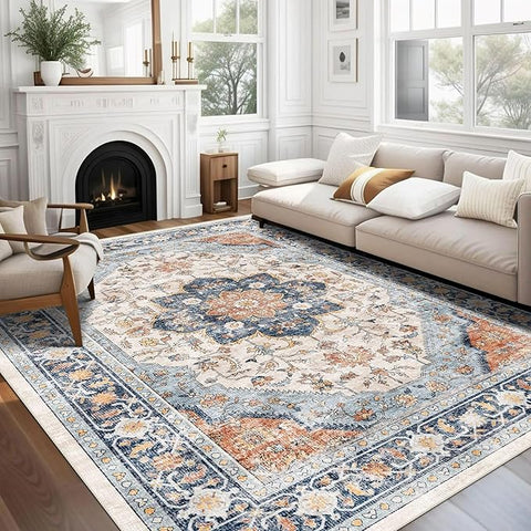 vivorug 4x6 Rug, Boho Small Area Rug for Living Room, Bedroom, Kitchen, Machine Washable Non-Slip Throw Rug, Vintage Floral Carpet for Entryway Nursery Coffee Table - Durable (Orange/Navy)