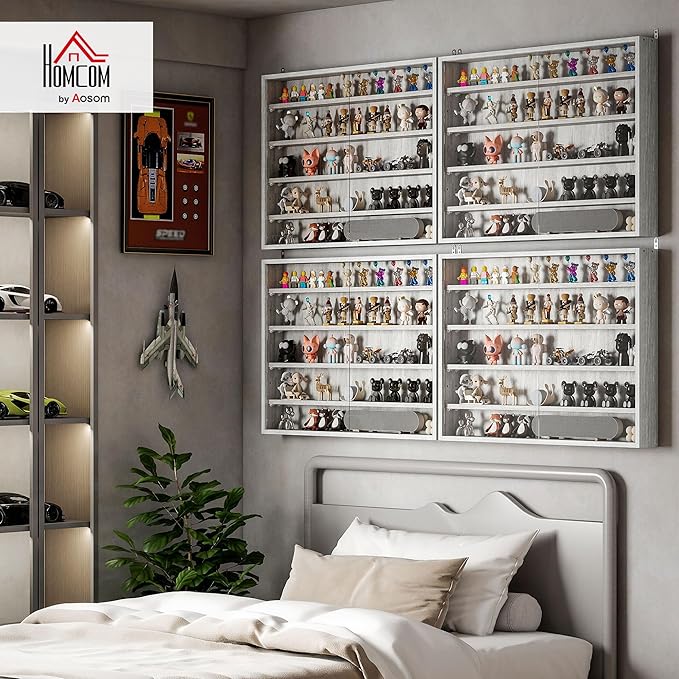 HOMCOM 5-Tier Display Cabinet, Glass Door Cabinet with Adjustable Shelves, Wall-Mounted Display Case for Playroom, Bedroom, Gray