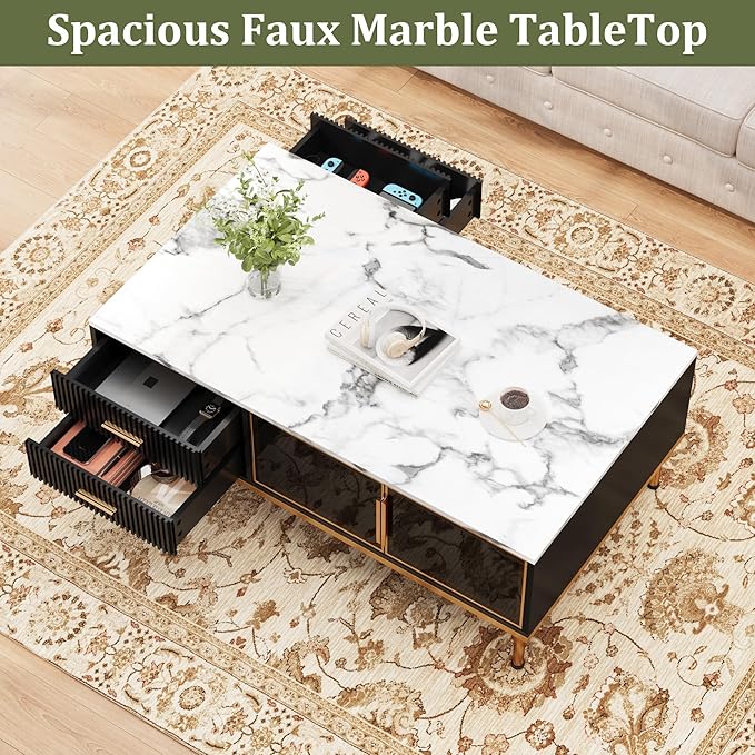 Coffee Table, Black Center Table for Living Room, Modern Large Coffee Tables with Storage 4 Drawers & 2 Glass Door Storage, Faux Marble Top, Gold Metal Leg, Hidden Compartment for Reception Room