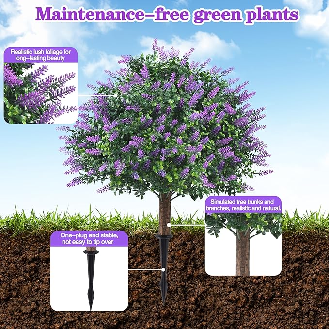 Set of 2 Pack Large Artificial Plants Lavender Topiary Ball Tree, 24.8" Tall Outdoor UV Resistant Simulated Bushes with Ground Spike, Faux Lavender Shrubs for Indoor, Front Porch, Home Garden