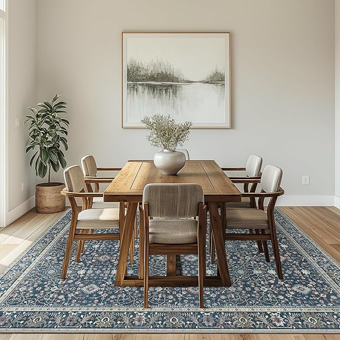GENIMO Washable Area Rugs for Living Room Bedroom, 5x7 Boho Vintage Non Slip Rug, Low Pile Soft Floral Indoor Floor Carpet Cover for Dining Room Kitchen, Retro Dark Blue