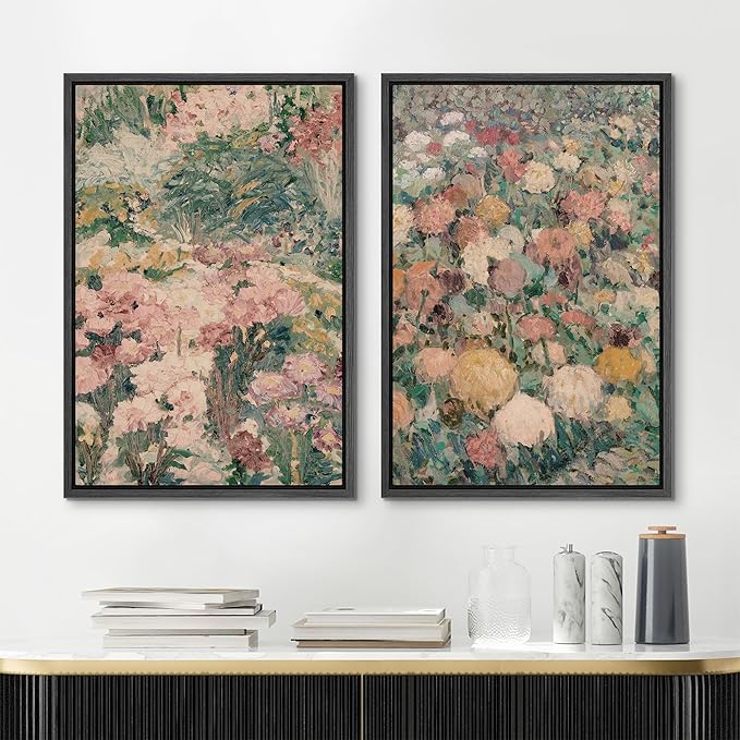 MUDECOR Framed Canvas Print Wall Art Impressionist Floral Garden Vintage Botanical Illustrations Modern Art Decorative Bohemian Colorful Chic for Living Room, Bedroom, Office - 24"x36"x2 Black