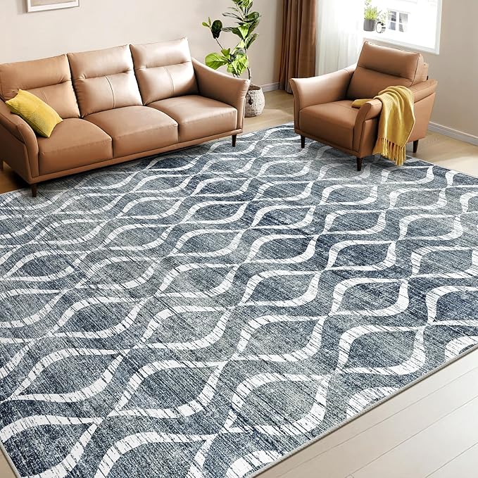 Witshock 9x12 Boho Area Rugs: Washable Non-Slip Geometric Print Pattern Large Thin Indoor Rug for Living Room Bedroom Dining Room, Carpet for Girls Boys Room Playroom Decor, Family Friendly, Dark Blue