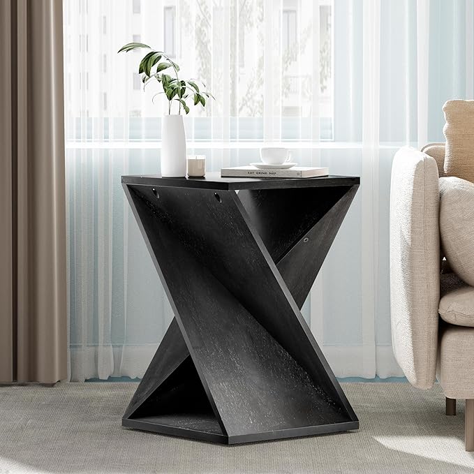 Farmhouse End Table Square Solid Wood Pedestal Side Table Rustic Plant Stand with Twisted Design for Living Room, Bedroom, Office, Black