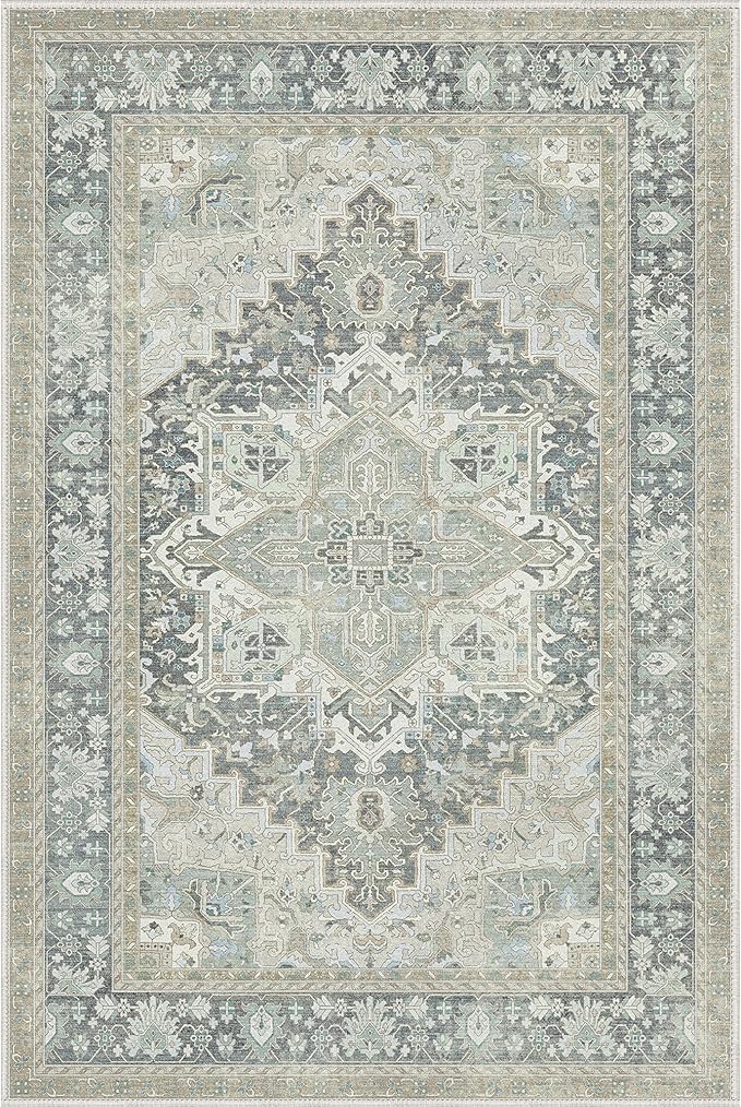 GENIMO 6X9 Area Rugs for Living Room, Machine Washable Vintage Floor Cover Foldable Modern Non Slip Rug, Low Pile Soft Indoor Carpet Floral Print Mat Rug,Bedroom/Dining Room/Home Office,Light Blue