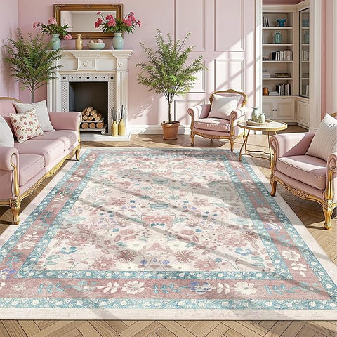 Pink Floral Area Rug 6x9 for Living Room Deerly Boho Vintage Large Washable Non-Slip Bedroom Carpet Low Pile Thin Floor Mat Indoor for Playroom Nursery Kids Girls Room Farmhouse, Light Pink/Blue/Multi