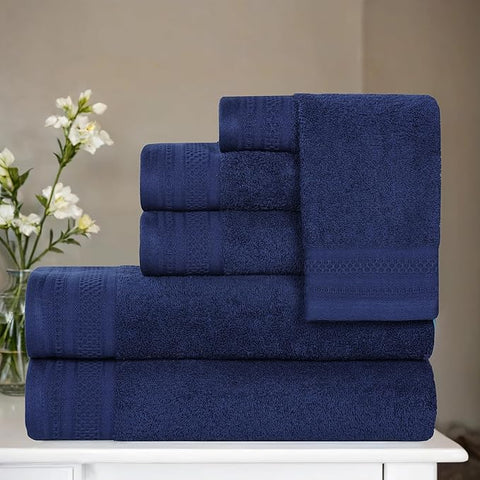 Superior Honeycomb Cotton Medium Weight Towels, for Guest Bath, Master Bathroom, Shower, Quick Dry, Adults, Home Essentials, Textured Waffle Border, Assorted Towel Set, 6 Piece Towel Set, Navy Peony