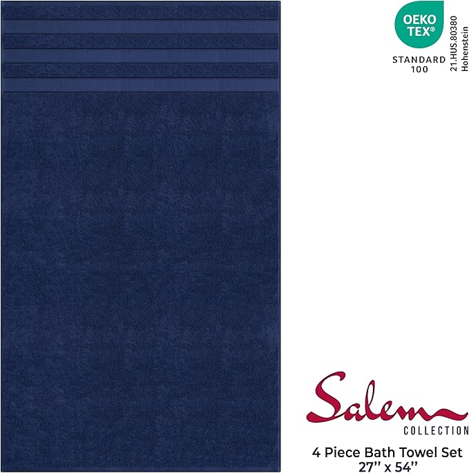 American Soft Linen Salem 100% Cotton Turkish 4 Piece Bath Towels for Bathroom, 600 GSM Soft Absorbent Quick Dry Bath Towel Set, Navy Blue