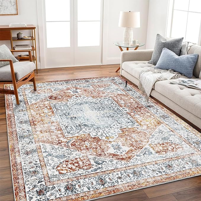 Area Rug 8x10 Washable Rug Tangerine Vintage Traditional Mat Distressed Indoor Foldable Thin Retro Accent Floral Print Rug Non Slip Carpet Living Room Dining Room Office