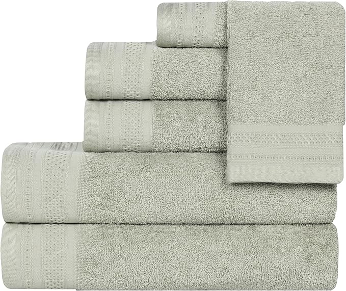Superior Honeycomb Cotton Medium Weight Towels, for Guest Bath, Master Bathroom, Shower, Quick Dry, Adults, Home Essentials, Textured Waffle Border, Assorted Towel Set, 6 Piece Towel Set, Sage