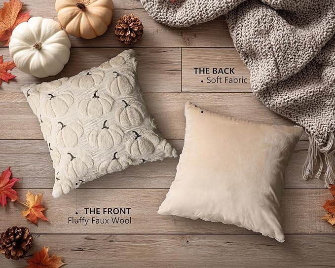 4TH Emotion Fall Pumpkins Decorative Pillow Covers 18x18 Set of 2, Beige Soft Plush Faux Fur Wool Farmhouse Throw Cushion Cases for Autumn Thanksgiving Holiday Home Decorations
