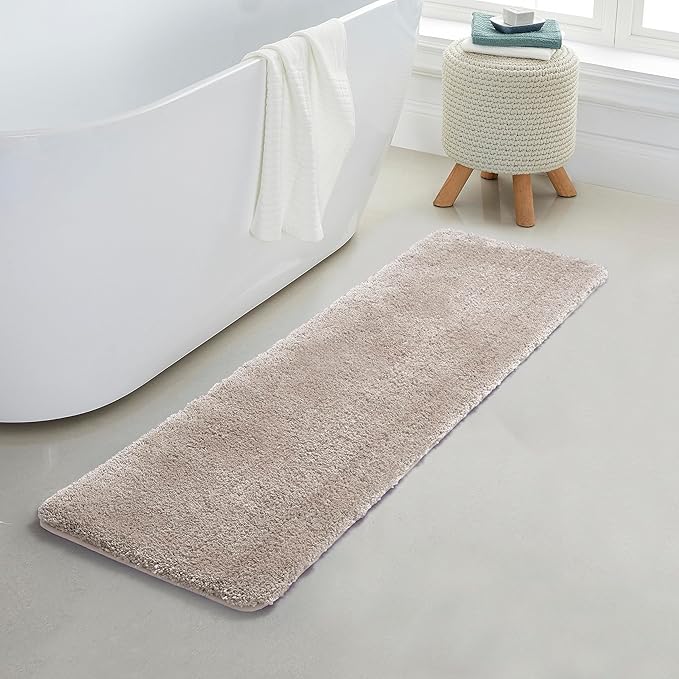 YHF Bathroom Runner Rugs 17" X 59", Extra Thick & Soft Microfiber Shaggy, Machine Washable Bath Mats, Absorbent Bath Rugs, Non-Slip Rubber Backing Bath Mat for Bathroom Floor, Tub and Shower, Beige