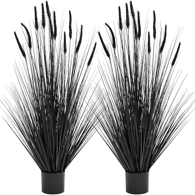KOL Artificial 5FT 2-Pack Black Horsetail Reed Grass, 59’’ Artificial Indoor Outdoor Fake Grass Plant, Home Office Decoration Artificial Plants & Flowers in Pot Faux Greenery, Housewarming Gift Grass