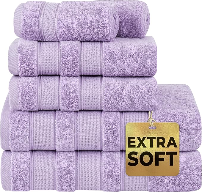 American Soft Linen Salem Turkish Bath Towel Set, 100% Cotton 600 GSM 6 Piece Towels for Bathroom, 2 Bath Towels 2 Hand Towels 2 Washcloths, Lilac