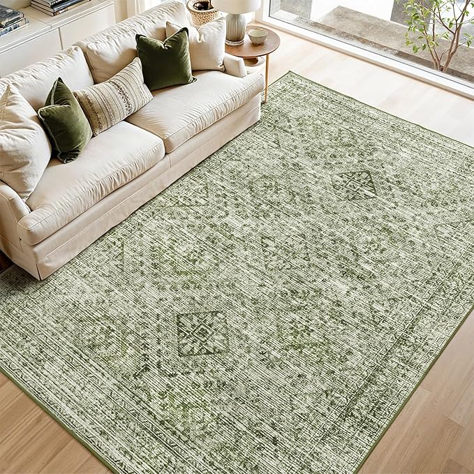 MIULEE 8x10 Vintage Washable Area Rugs Living Room Rug Low Pile Boho Farmhouse Floor Mat for Bedroom Dining Room Under Kitchen Table, Non-Slip Stain Resistant Soft Large Carpet for Home Decor, Green