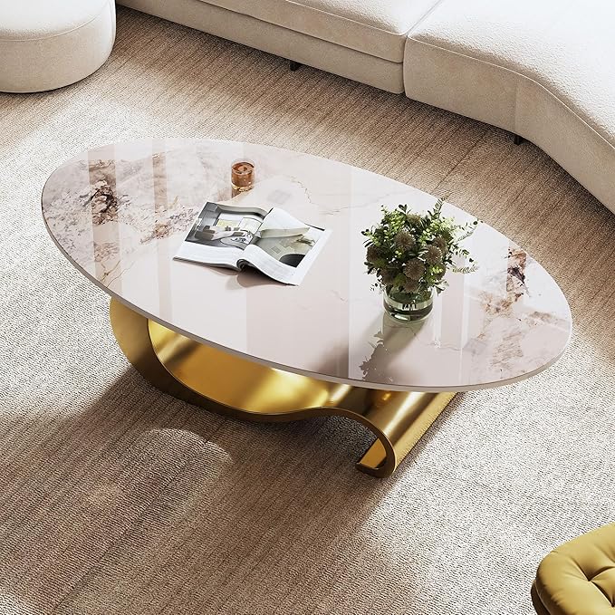 49.2" Oval Marble Coffee Table with Geometric Stainless Steel Base, Modern Sintered Stone Coffee Tables for Living Room, Luxury White Gold Cocktail Center Table Living Room Furniture for Home Decor