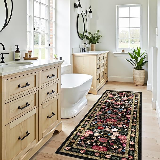 Deerly Runner Rug for Hallways Kitchen Bedroom 2x6 Washable Vintage Boho Bathroom Runner Rugs Non-Slip Soft Low Pile Thin Indoor Carpet Runner for Laundry Room Farmhouse Rug, Black/Multi