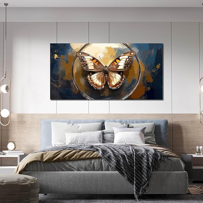 Butterfly Wall Art Bedroom - Vintage Wall Decor for Bedroom Girls Room - Black and Gold Wall Art for Living Room Size 29" x 59"