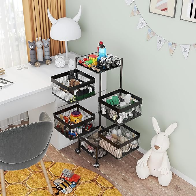 Fruit and Vegetable Basket for Kitchen No Assembly， Rotating Storage Rack,Bathroom Storage Shelf, Kitchen Organizers and Storage Cart on Rolling Wheels(Black, 5 Tier-Square)