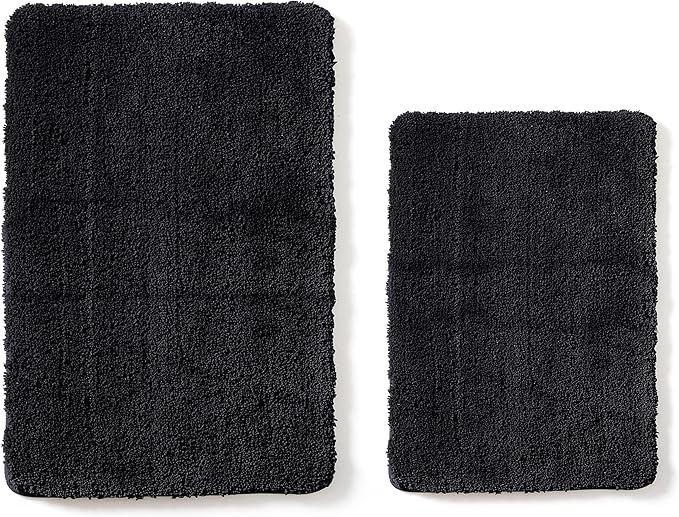 YHF Bathroom Rug Set 2 Piece, Extra Thick & Soft Microfiber Shaggy, Machine Washable Bath Mats, Absorbent Bath Rugs, Non-Slip Rubber Backing Bath Mat for Bathroom Floor, Tub and Shower, Black