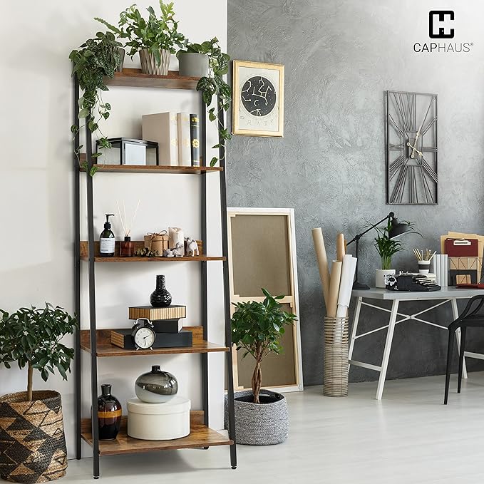 CAPHAUS 5 Tier Ladder Bookshelf, 24 Inch Width Free Standing Shelf, Bookcase Shelf Storage Rack Organizer, Industrial Book Shelves for Home Office, Living Room, Kitchen, Rustic Oak, Vintage Shelves