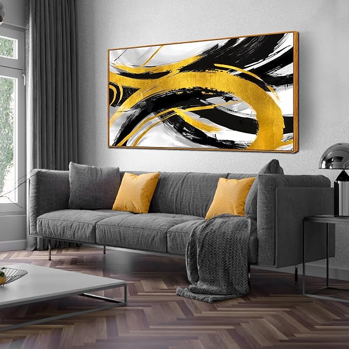 Abstract Wall Decor for Living Room - Modern Black and Gold Wall Art for Office - Large Framed Wall Art Size 29" x 59"