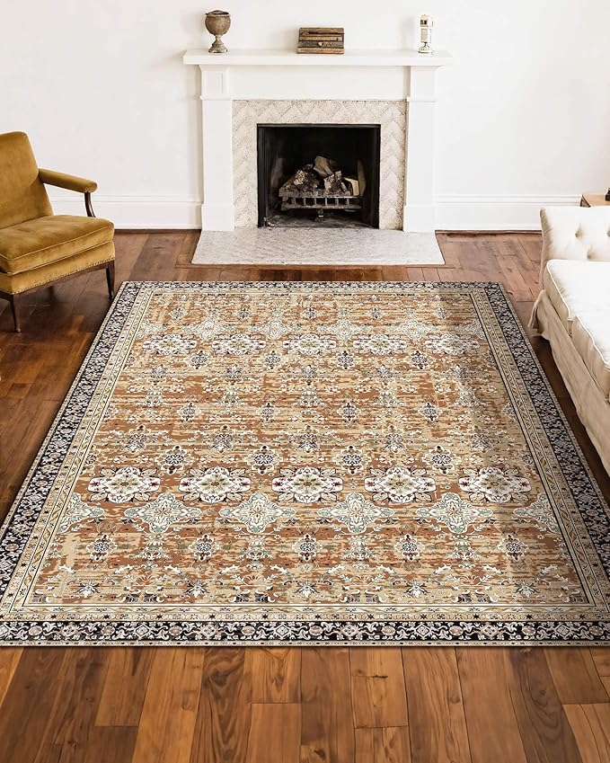 VEVOR 8 x 10 ft Area Rug Large Washable Rug Non-Slip and Tear-Resistant Soft Carpet Pet & Child Friendly Vintage Area Rugs Indoor Mat for Bedroom Living Room Kids Room Office Brown Green
