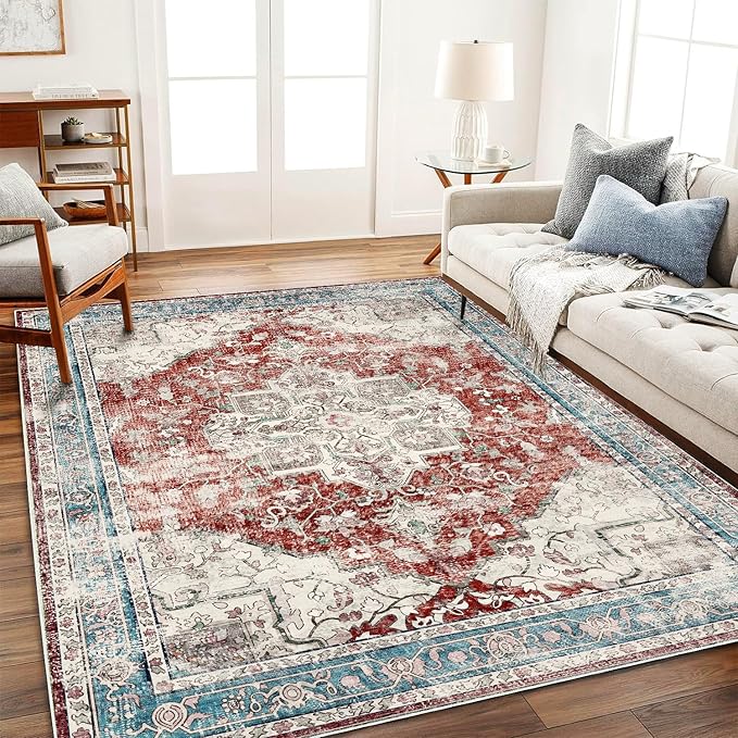 Washable Area Rug 8'x10' Red Blue Retro Boho Design Non-Shedding Non-Slip Easy Care Ideal for High Traffic Areas in Living Room Bedroom Office Coffee Table Kitchen Large Carpet
