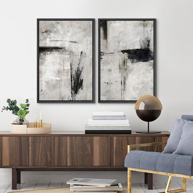 MUDECOR Framed Canvas Print Wall Art Grey Black Abstract Shape Illustrations Modern Art Decorative Bohemian Colorful Chic for Living Room, Bedroom, Office - 16"x24"x2 Black